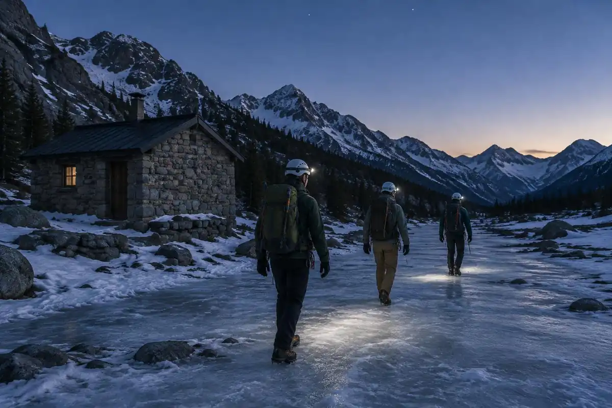 Alpine hut at dawn with climbers heading out in the blue hour