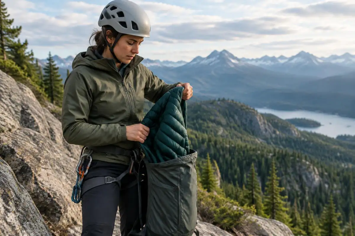 Climber removing the lid and foam pad from a technical pack at a belay stop
