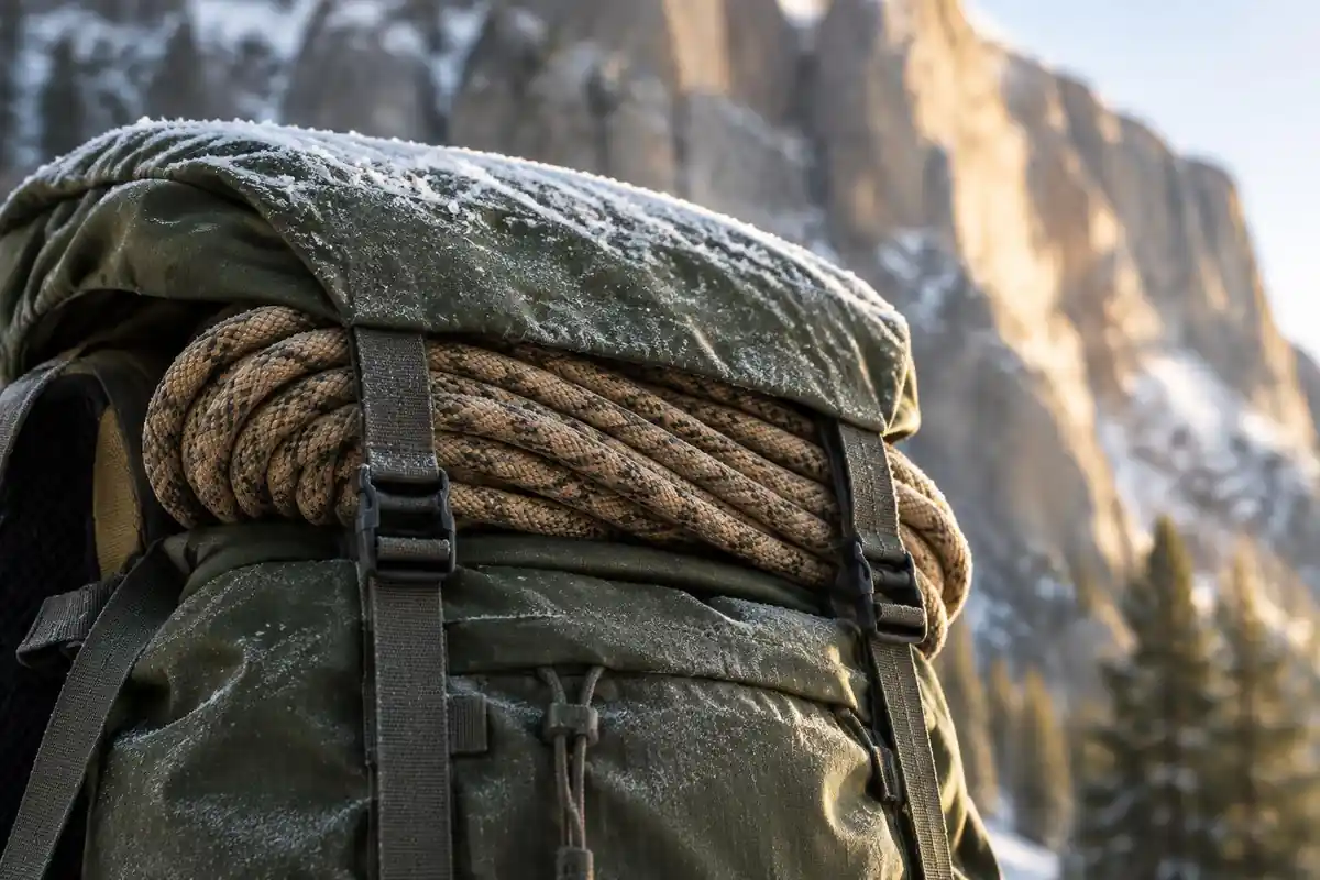 Coiled rope lashed on top of a slim climbing pack