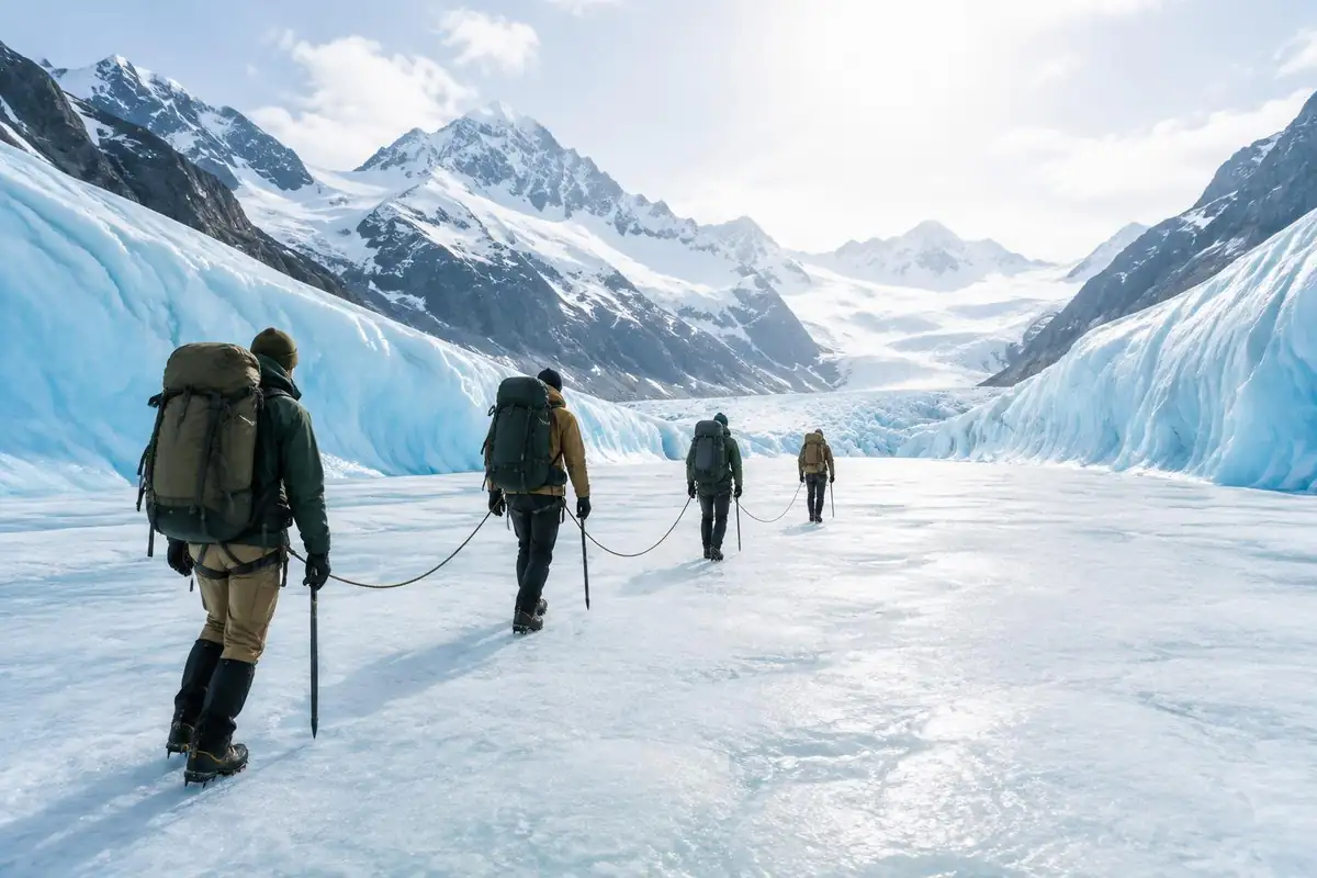 Rope team crossing a wide glacier with a huge blue ice wall