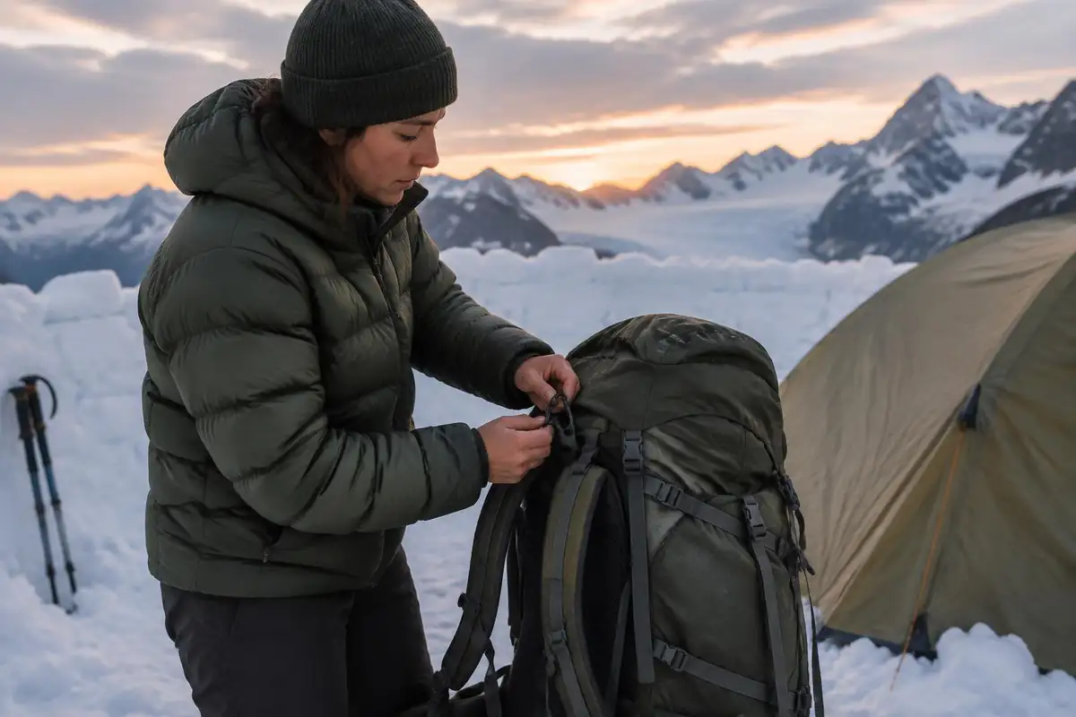 Climber clipping a rope loop to a pack haul loop at a glacier camp