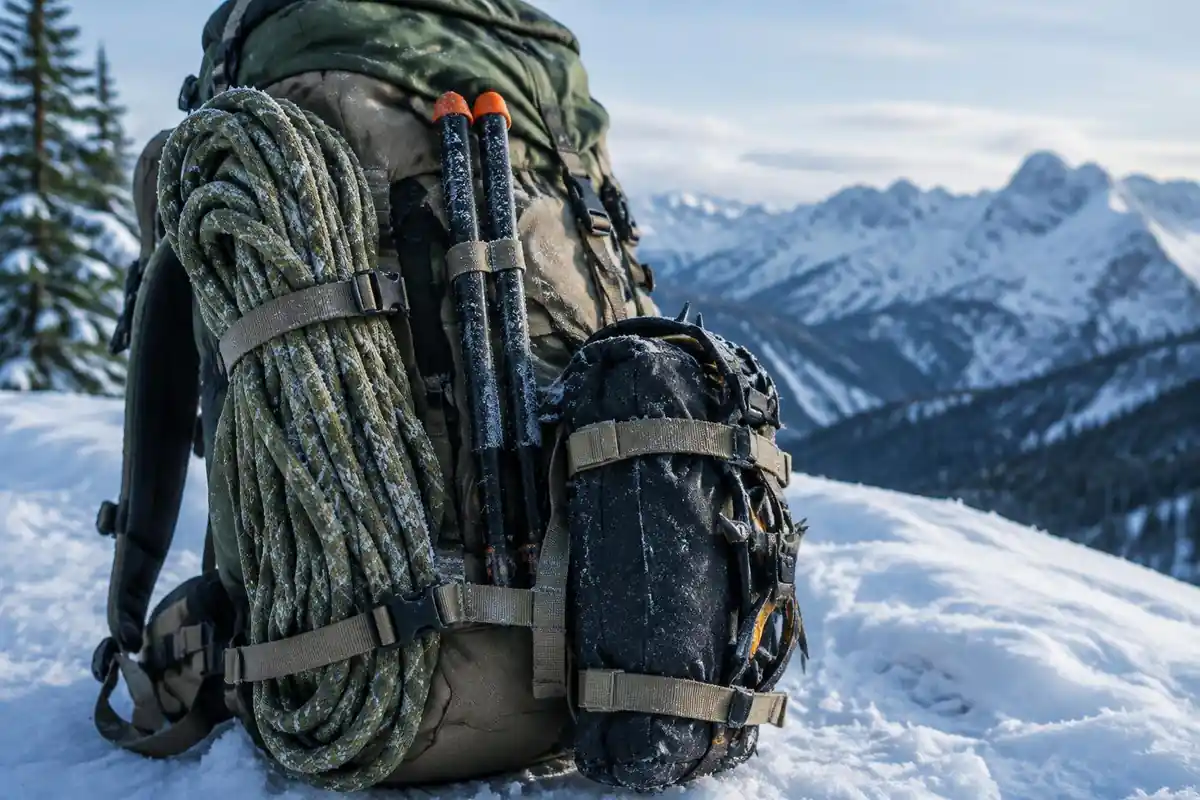 Rope, snow stakes and crampon bag lashed to a large pack