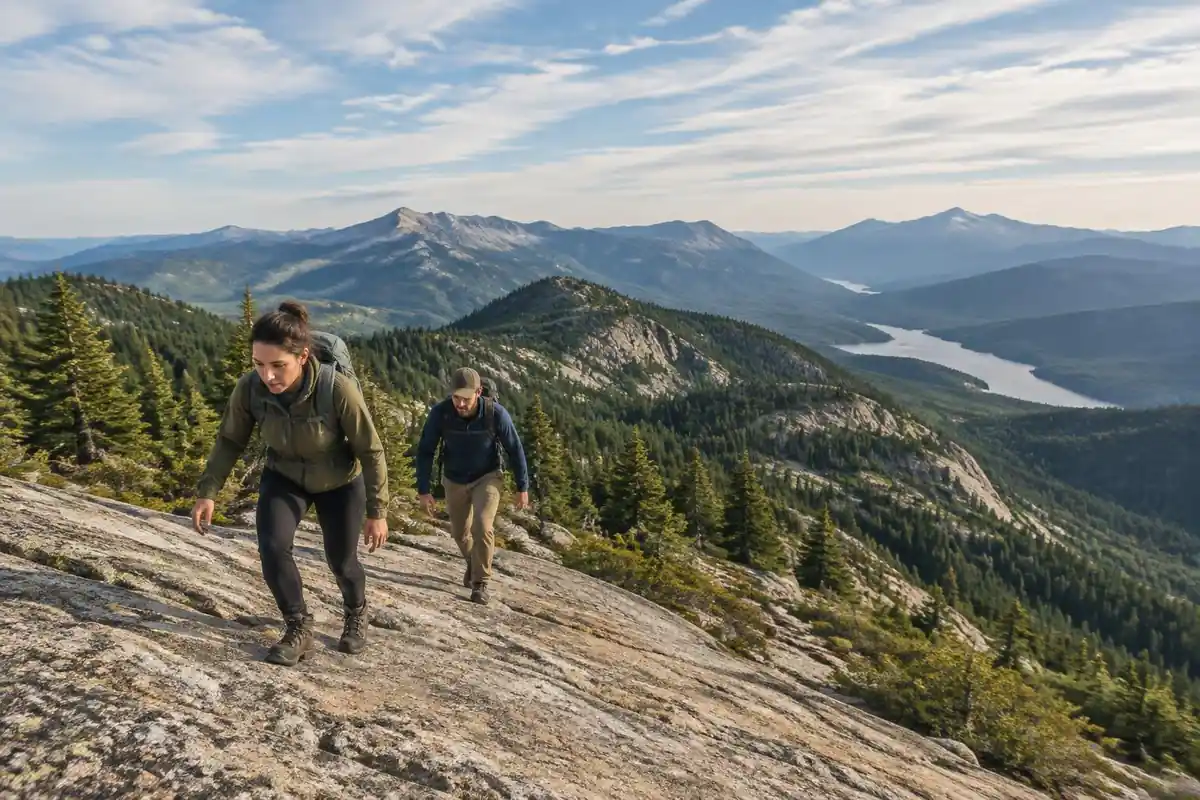 Rocky ridge scramble with two hikers on solid slabs