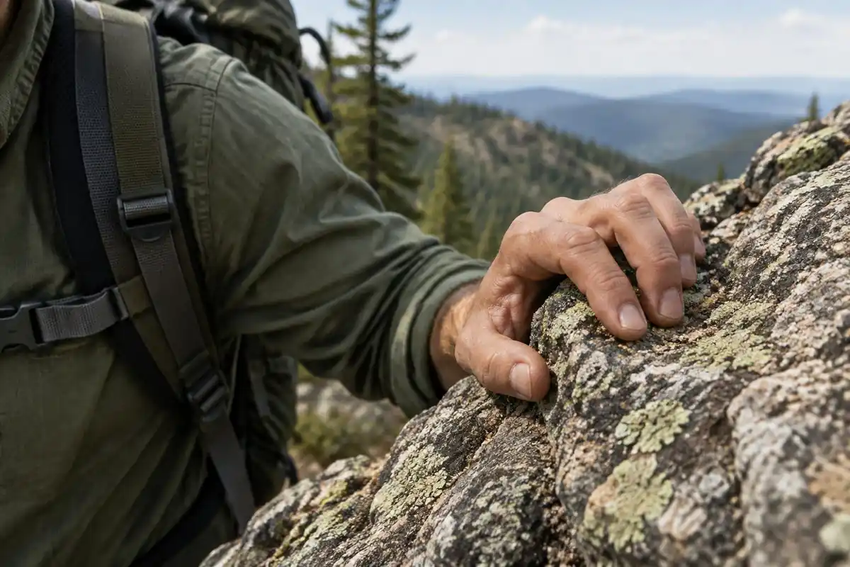 Chalk-dusted hand gripping rock next to a pack strap