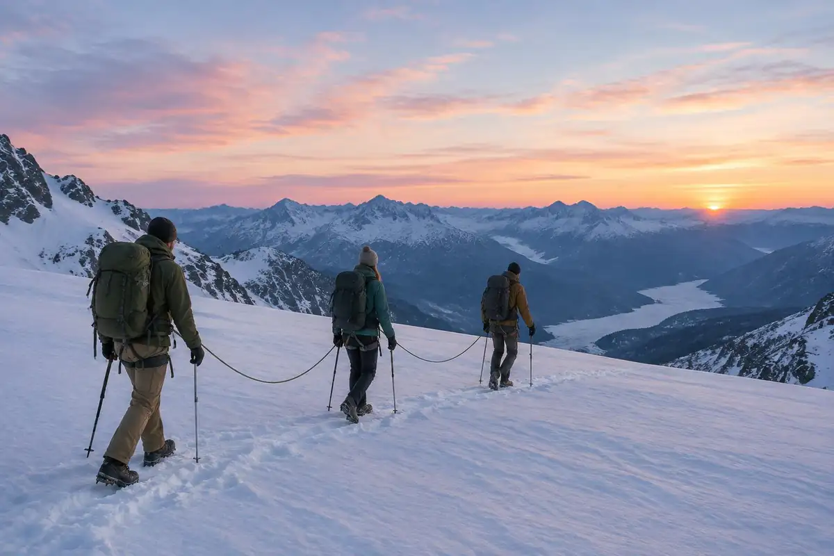Roped team crossing a snow ridge under a pale dawn