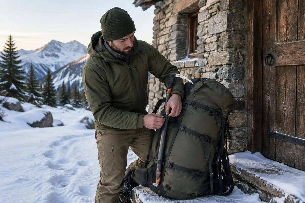 Climber strapping an ice axe shaft to a pack at a hut door