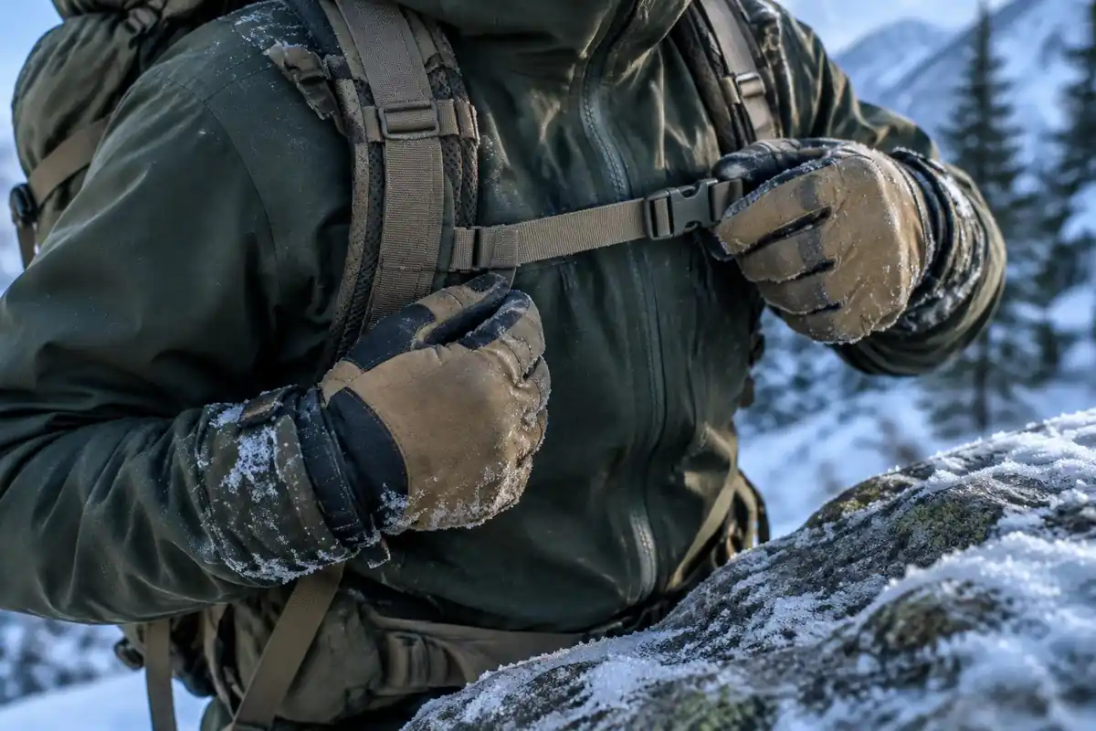 Gloved hands adjusting the chest strap of a mountain pack on snowy rock