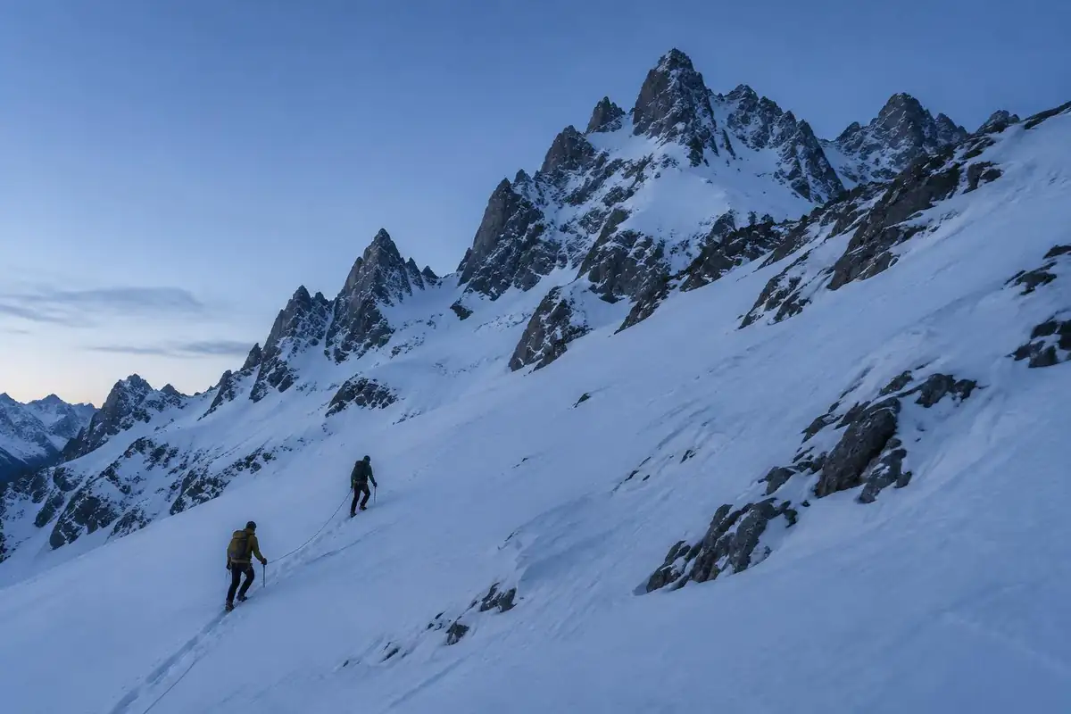 Alpine climbers on a snow slope under a jagged skyline