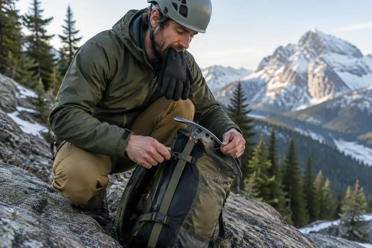 Climber lashing an ice axe to the side of a slim alpine pack