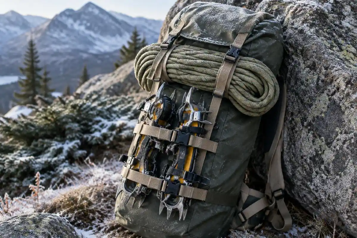 Crampons and rope strapped below a narrow pack lid