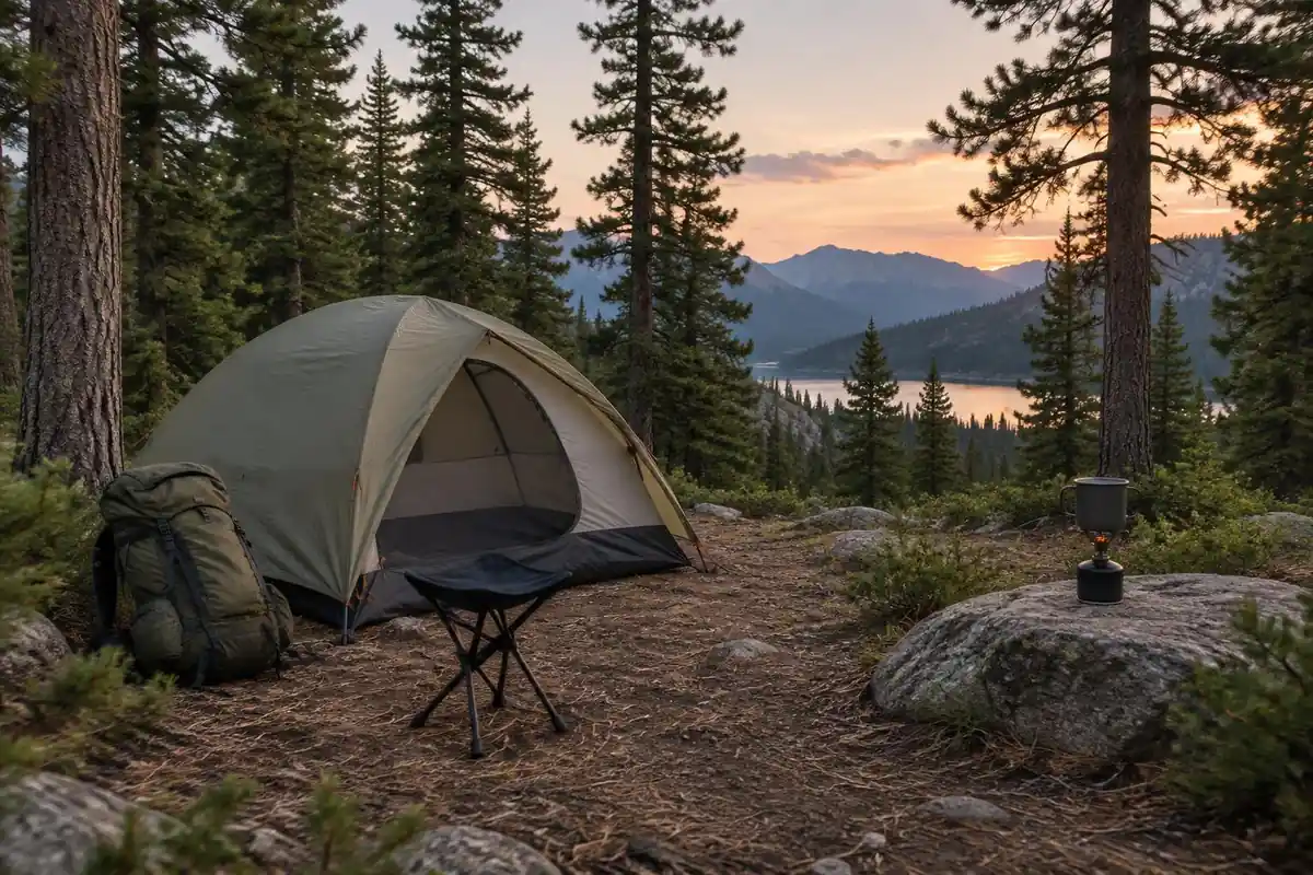 Camp kitchen and tent set among pines with a pack nearby