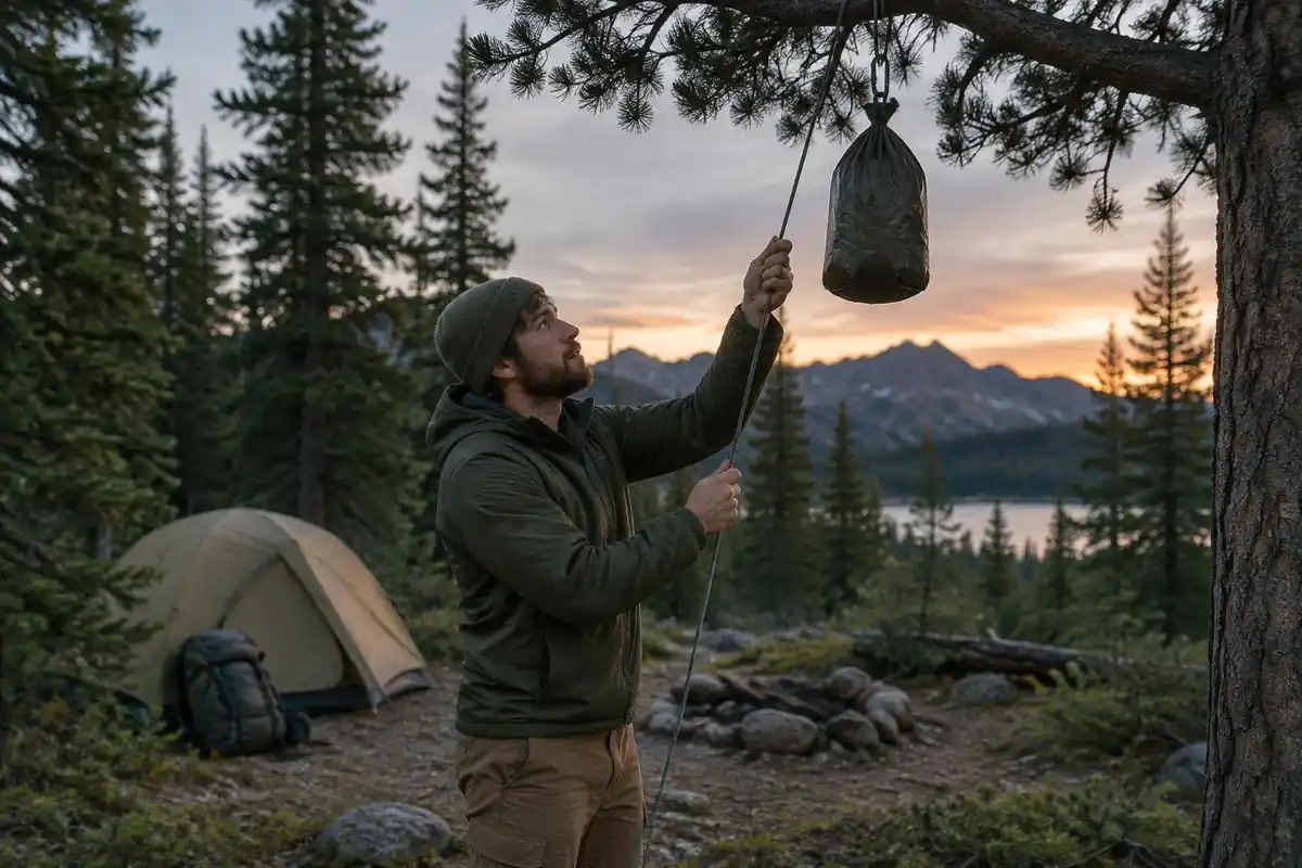 Hiker hanging a food bag from a rope in a tree at dusk