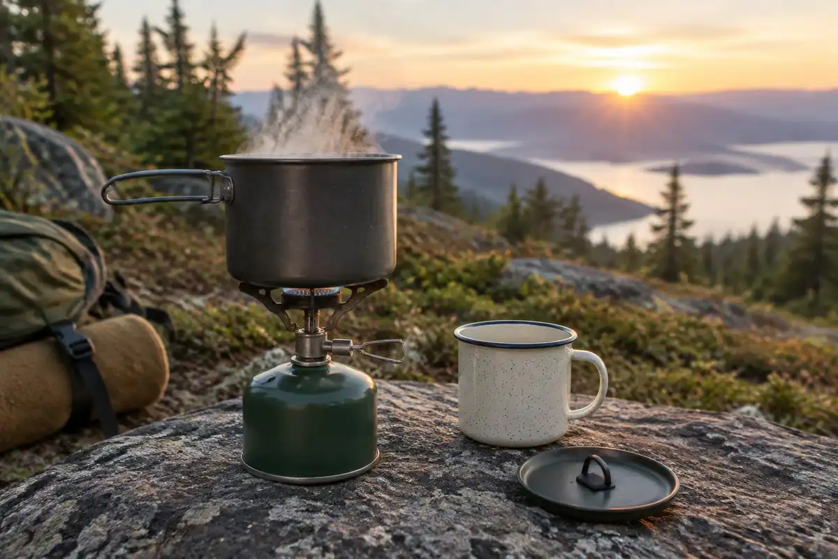 Enamel mug, camp stove and folded pack lid at breakfast time