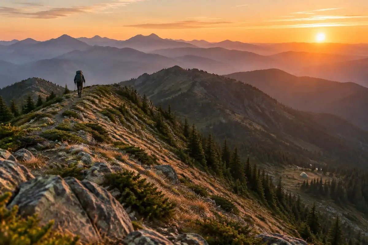 Long ridge line at sunrise, hiker on day three of a trek