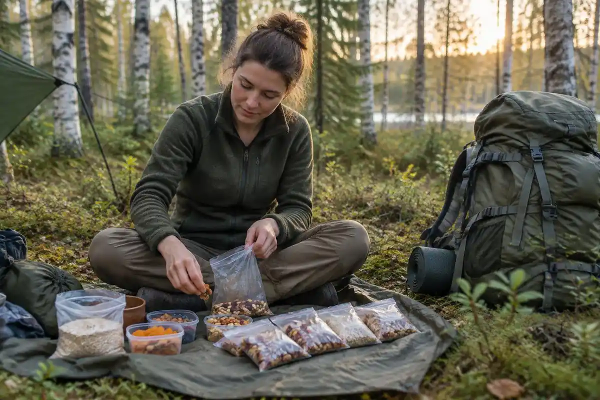 Hiker sorting food into daily bags on a groundsheet