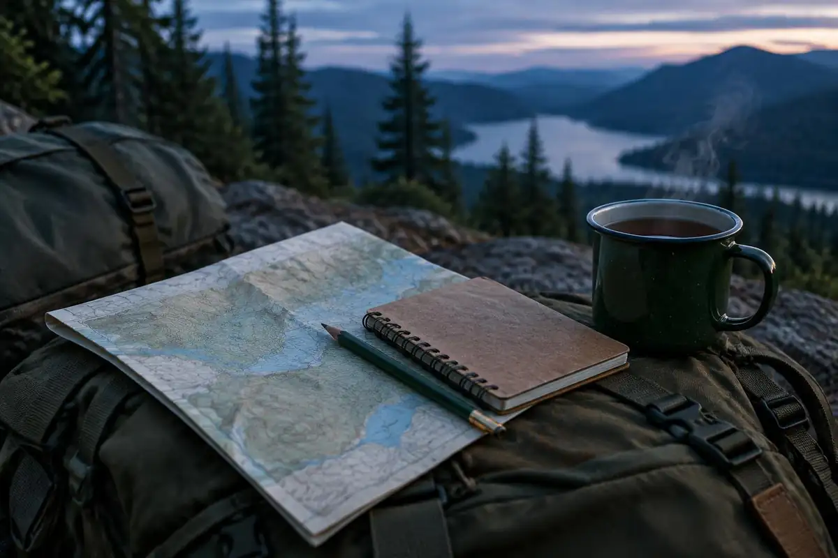 Map and notebook beside a pack with route notes
