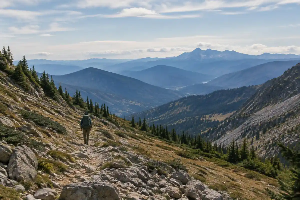 Sweeping mountain pass with a backpacker on a multi-day trip
