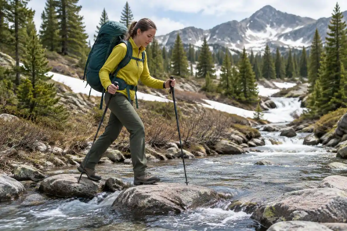 Backpacker stepping over a stream with poles and a loaded frame pack