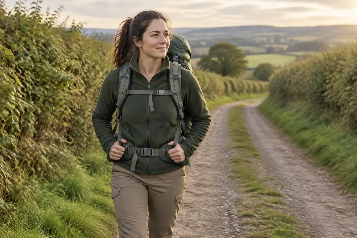 Hiker resting hands on hip belt while walking, relaxed posture
