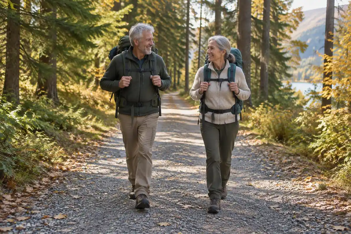 Older couple walking a tree-lined trail with comfortable packs