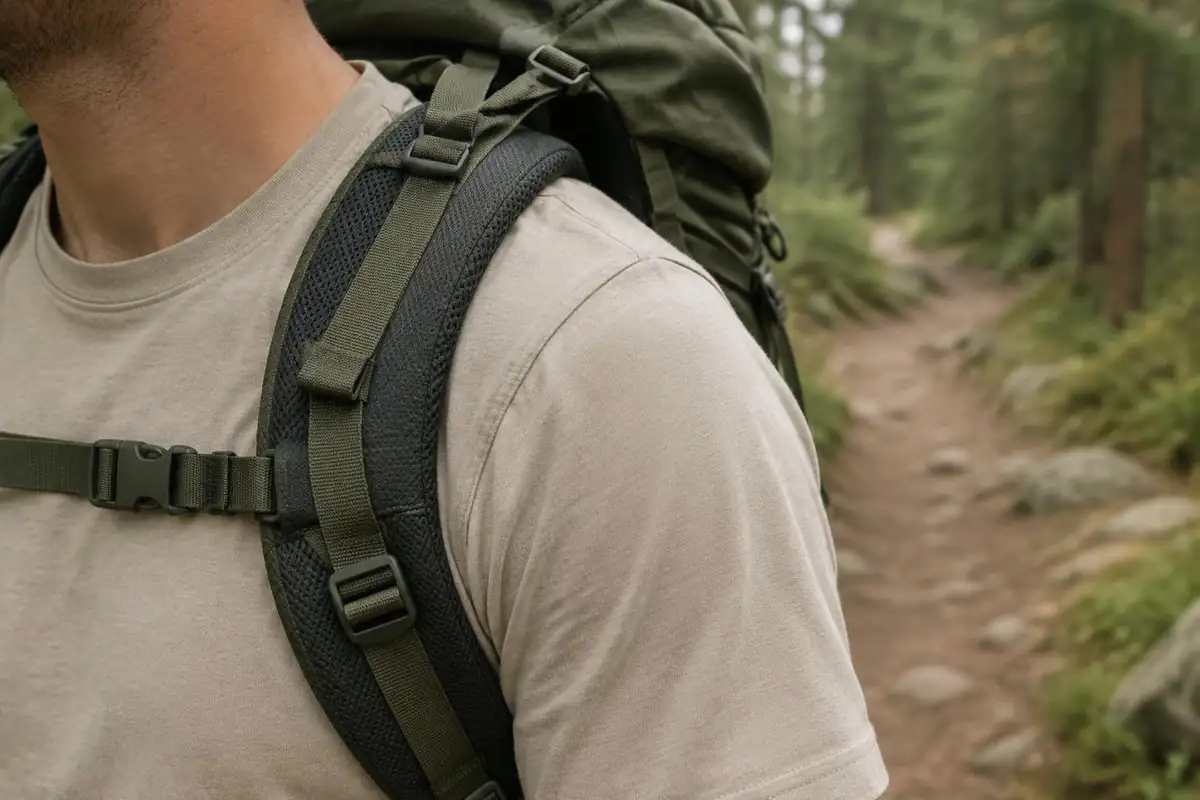 Cushioned shoulder strap with pack held against a shirt