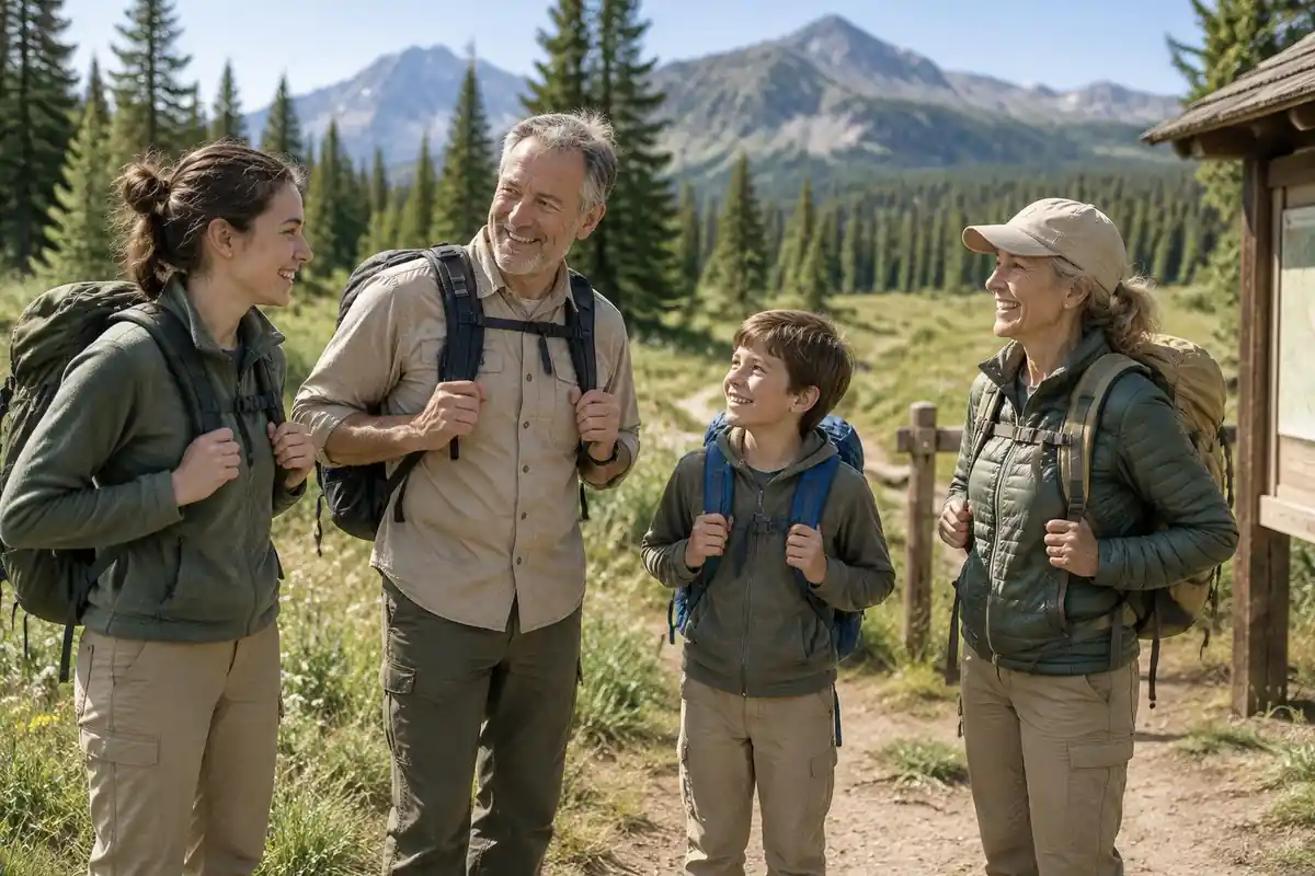Beginner group of friends at a trailhead with basic backpacks