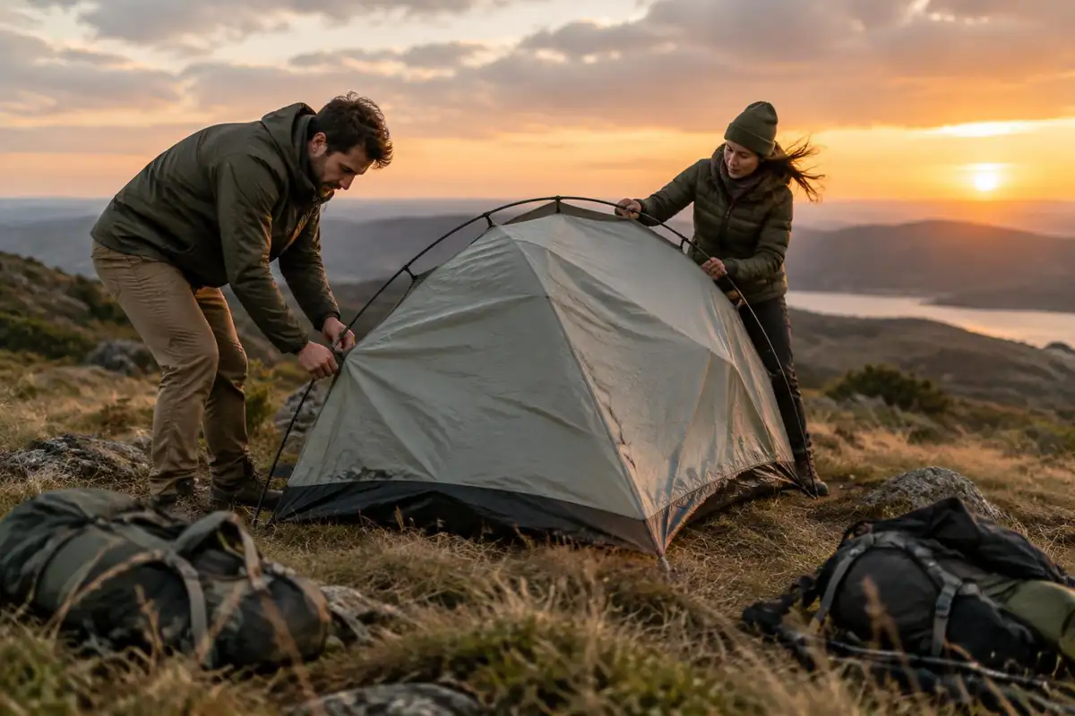 Couple pitching a basic tent after a long day on a hill