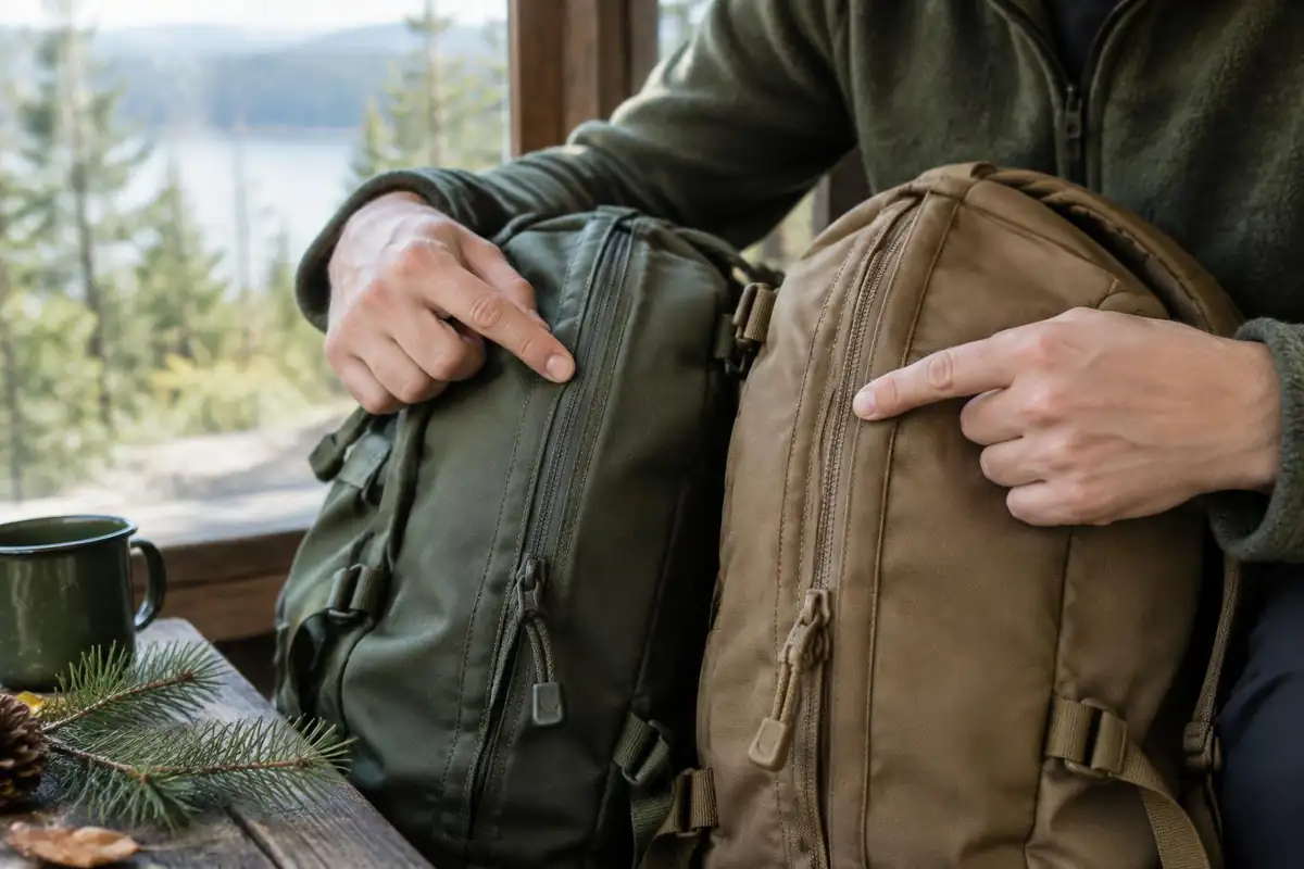Comparing stitching and zips on two similar packs up close