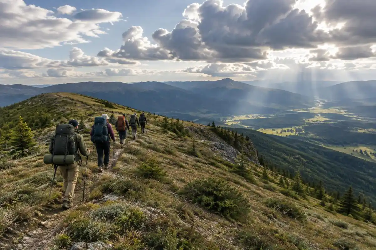 Long ridge with a line of tiny hikers under stormy clouds