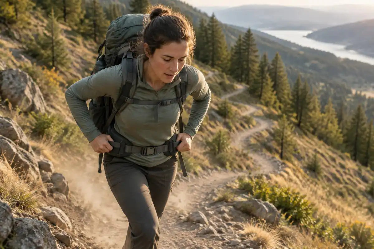 Hiker adjusting the hip belt tension while walking uphill