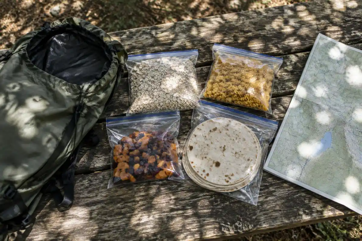 Fresh food resupply bags spread on a picnic table