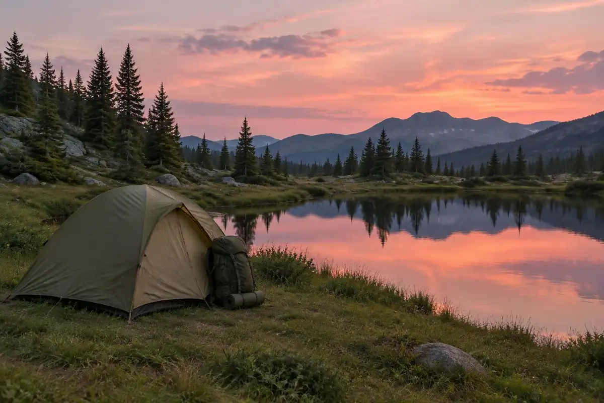 Evening campsite with a single-person tent beside a small pond