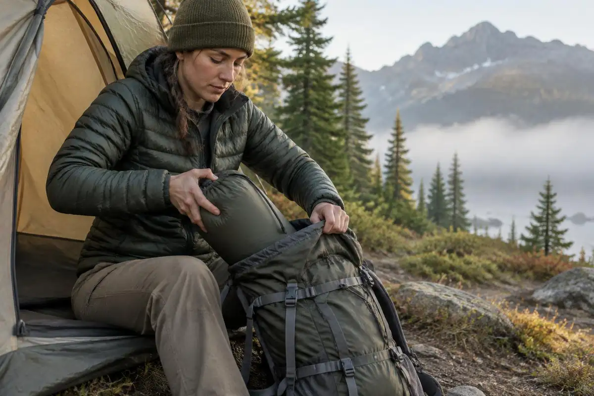 Hiker sliding a sleeping bag stuff sack into the bottom of an overnight pack