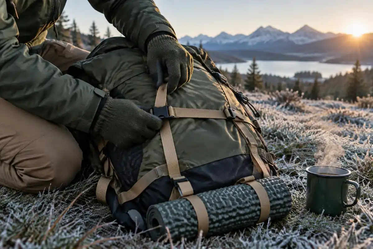 Compression straps tightening a two-day pack on a cold morning