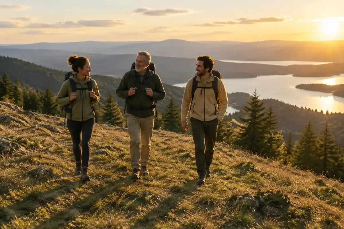 Friends walking a wide ridge trail with weekend packs in late afternoon