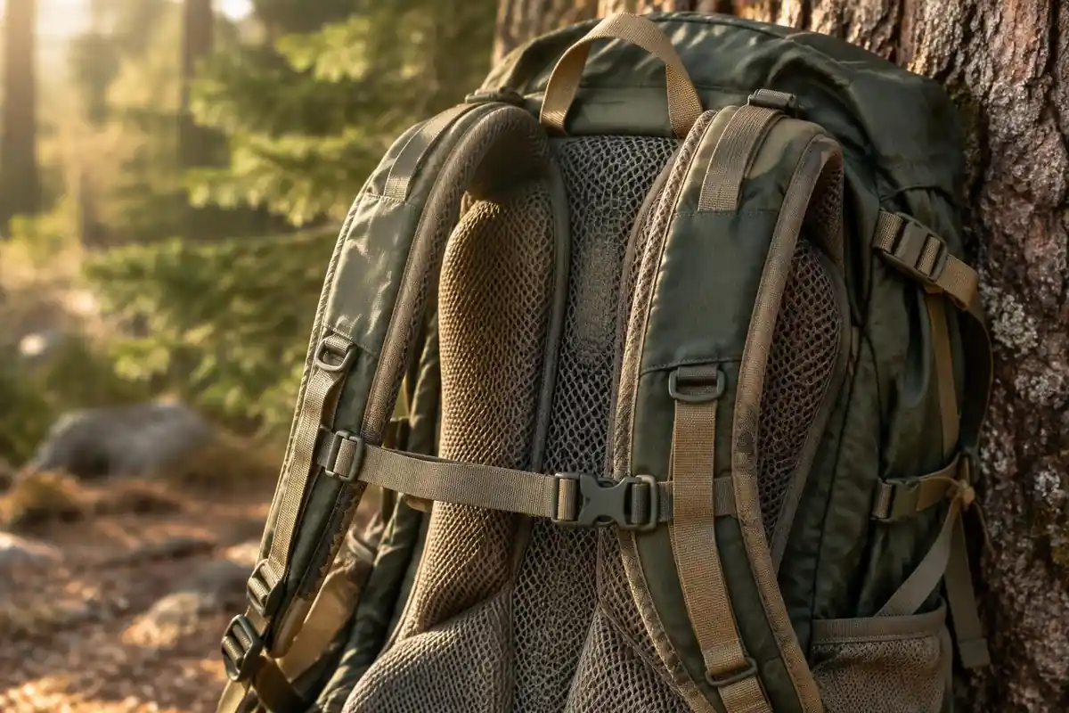 Ventilated back panel and shoulder harness on a pack propped by a tree