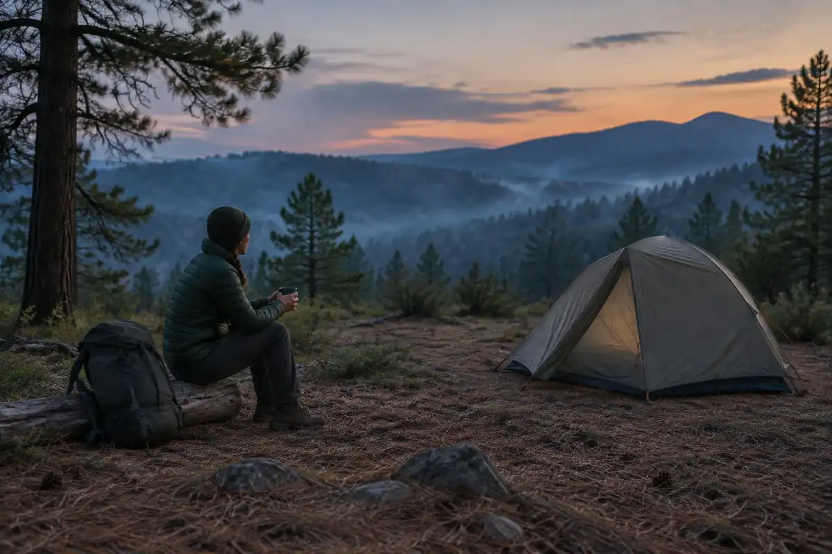 Tent under pines at a quiet overnight campsite in the evening