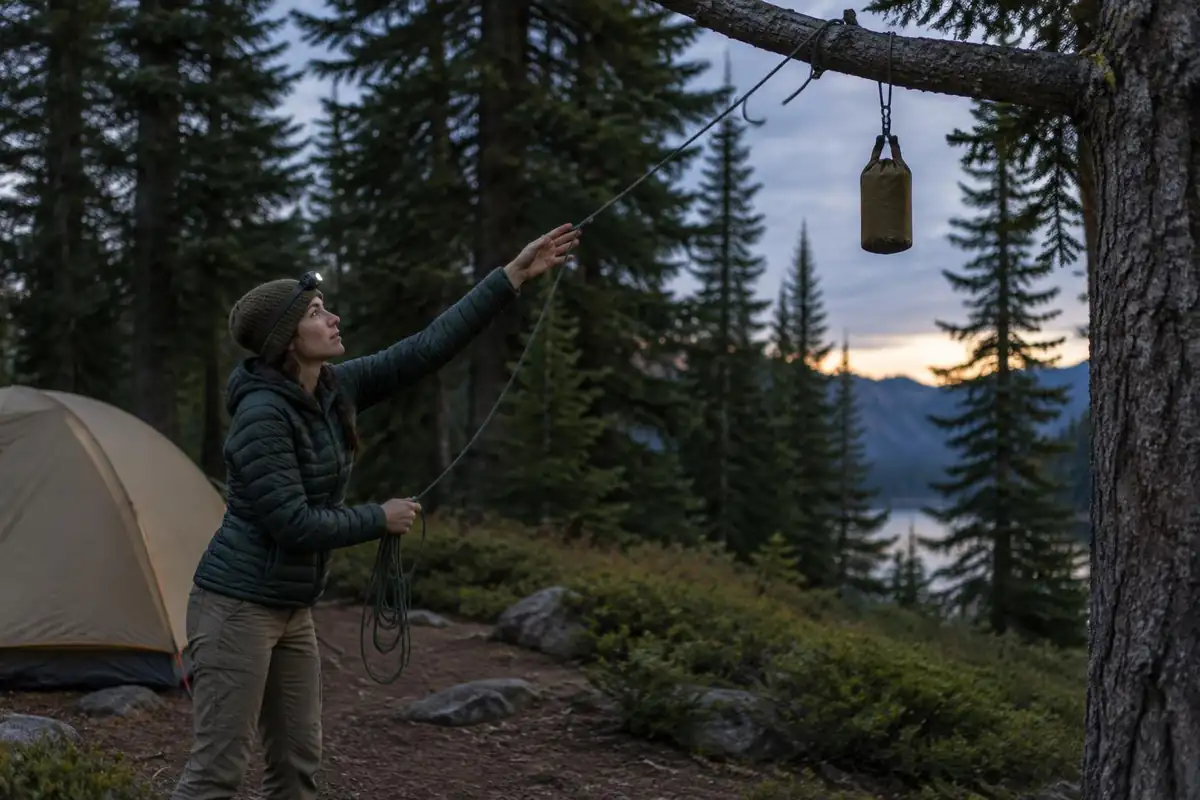 Woman hanging a food bag from a low branch line before bed