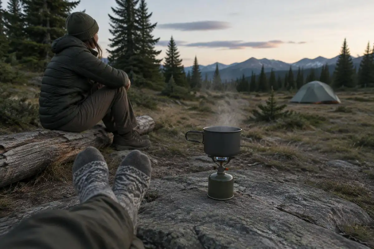 Feet in warm socks by a canister stove boiling water outdoors