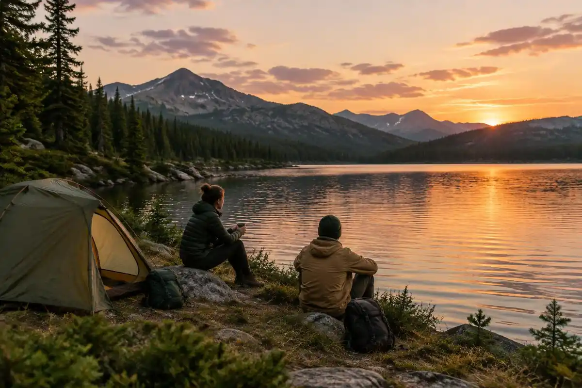 Hikers at a lakeside for one night, small tent and small packs