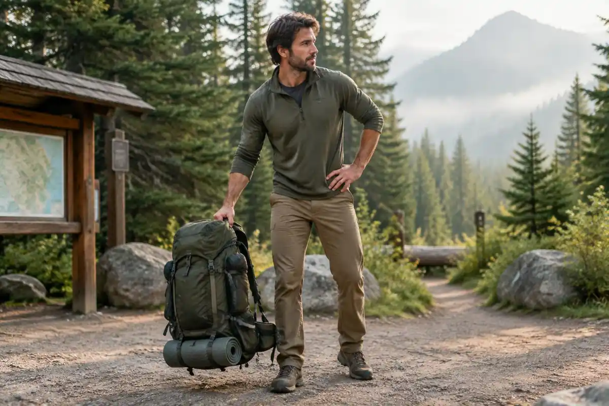Man testing the weight of a loaded pack by lifting it with one hand