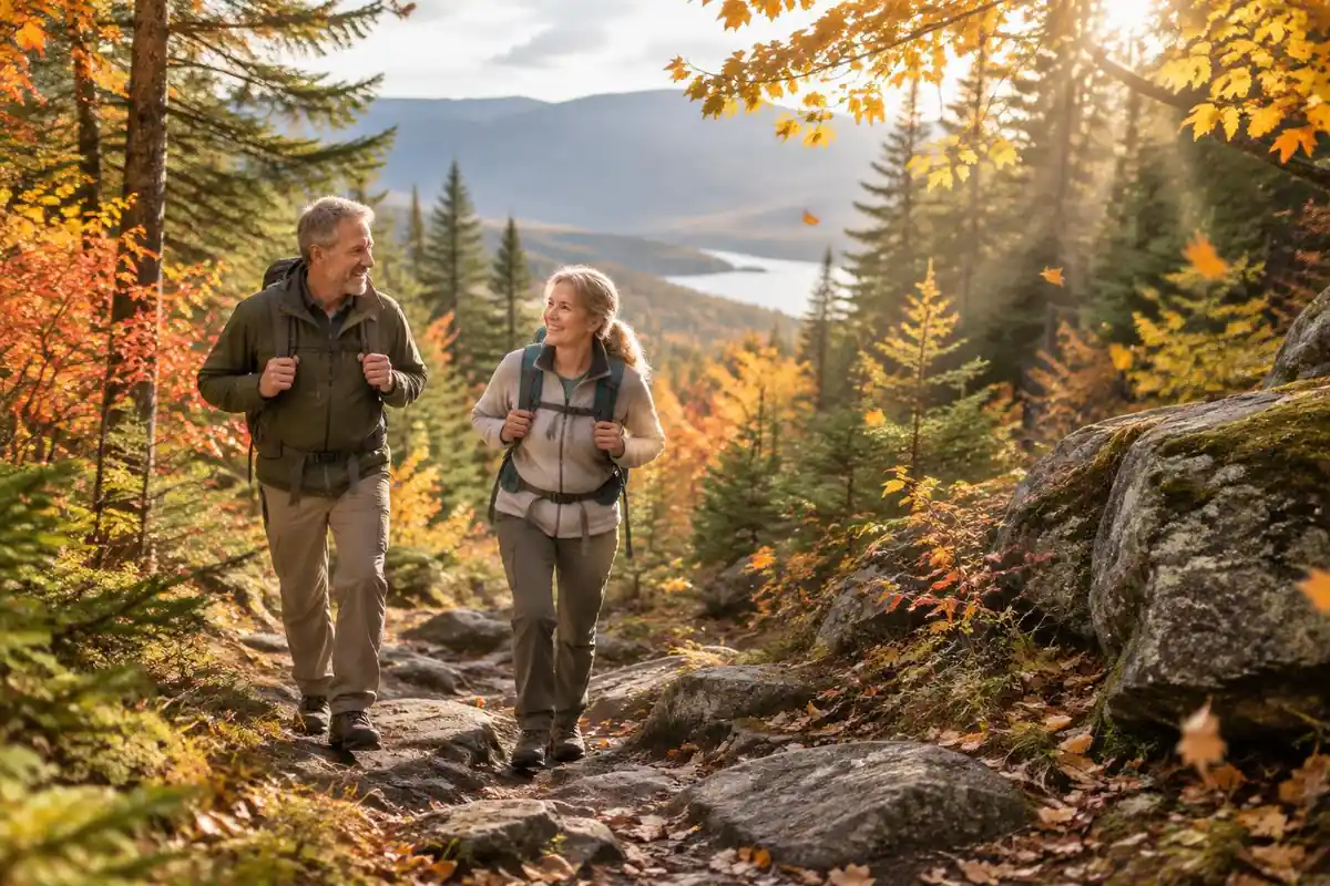 Rocky trail through autumn forest with two section hikers