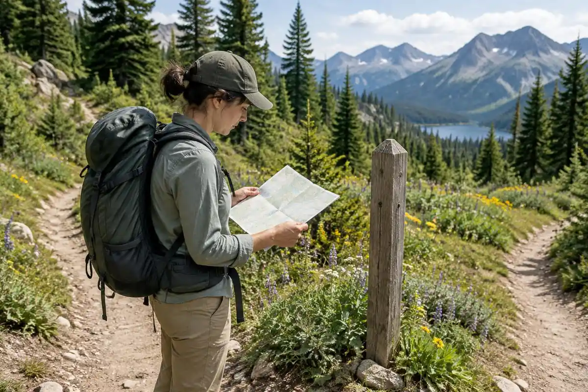 Hiker checking a trail map at a junction with the pack on