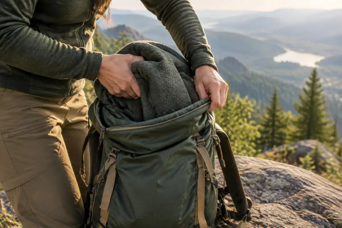 Hand stuffing a spare layer into a medium pack at a lookout stop