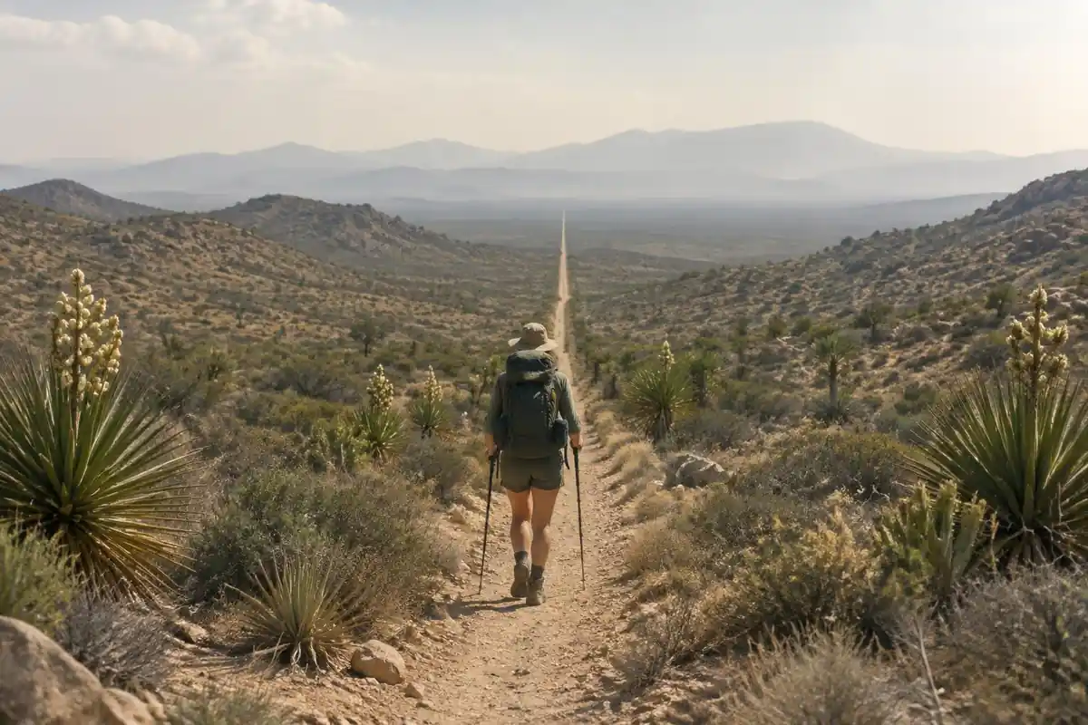 Long desert trail stretching away with a thru-hiker in the distance