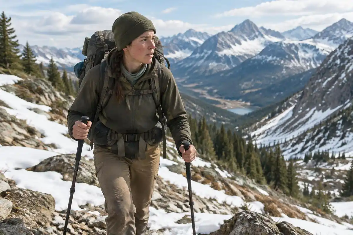 Hiker crossing a snowy pass with poles and a well-worn pack