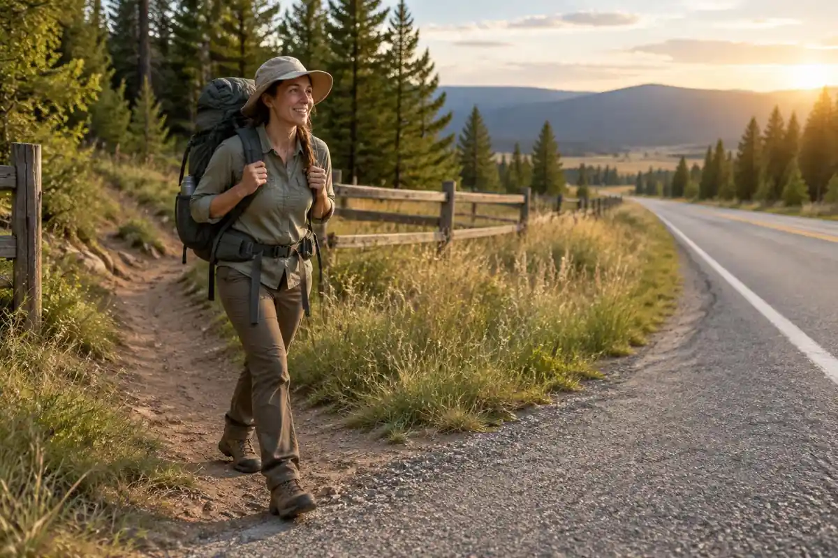Hiker arriving at a small town road crossing after a long carry