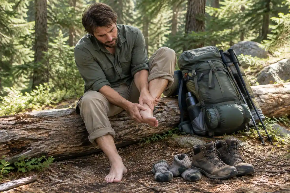 Man sitting with his boots off on a log, rubbing his tired feet