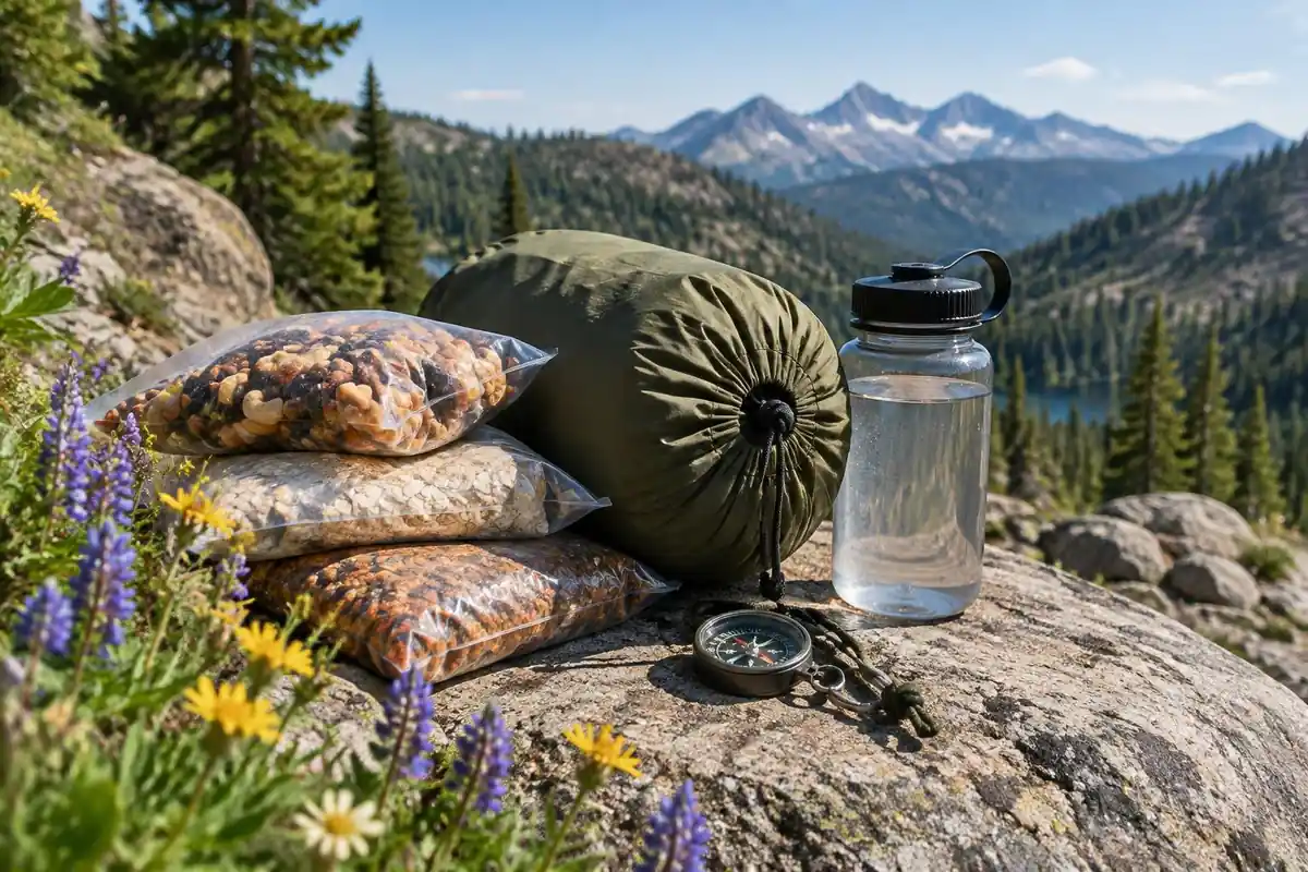 Stack of thru-hiker food bags and a bear-proof sack on a rock