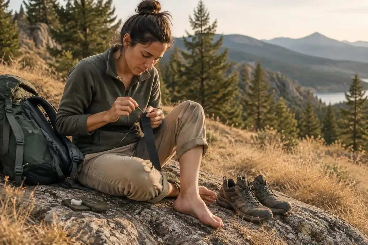 Hiker sitting to mend a strap with a needle and thread during a break